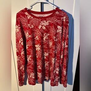 Lands’ End Women’s Red Floral Crew Neck Cotton Long Sleeve Relaxed Fit Size XL